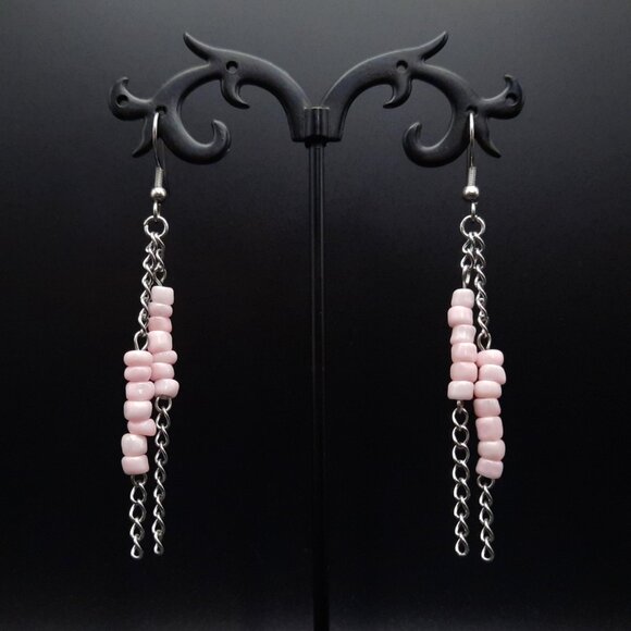 Light Pink Boho Bohemian Beaded Chain Dangle Drop Earrings Handmade Jewelry - Picture 5 of 7